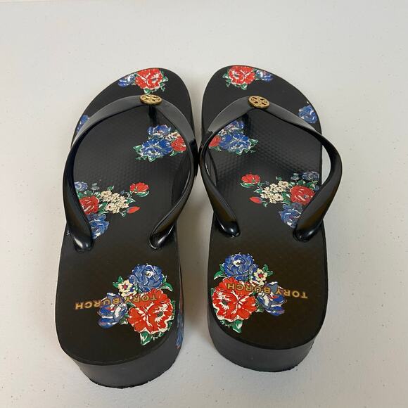 Tory Burch Cut Out Wedge Flip Flop Toe Post Sandals Shoes Black Tea Rose - Picture 6 of 9